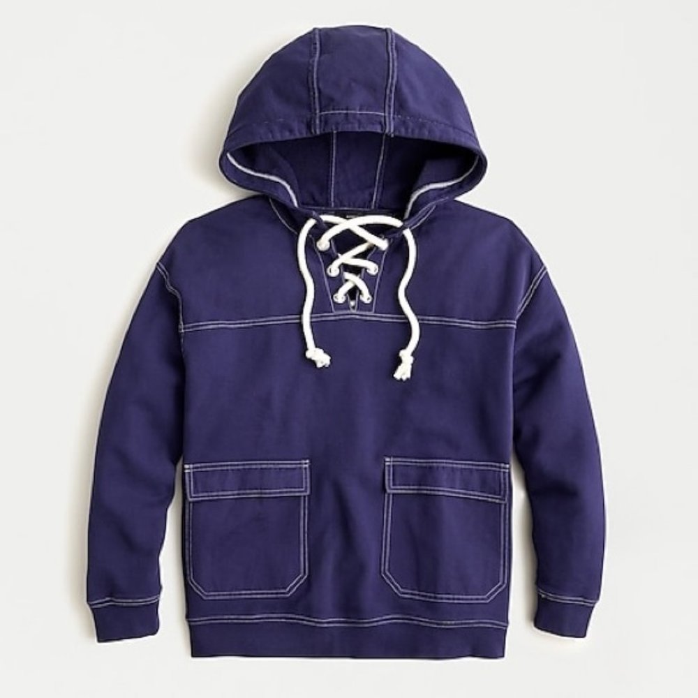 NEW J Crew Lace Up Hoodie Original Cotton Terry Sweatshirt S NWT Ocean Nautical